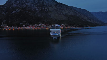 Large cruise ship in Kotor Bay near Old city Perast at night, Montenegroの写真素材