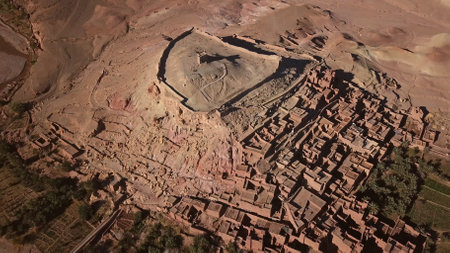 Aerial top view on Kasbah Ait Ben Haddou in the Atlas Mountains, Moroccoの写真素材