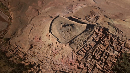 Aerial top view on Kasbah Ait Ben Haddou in the Atlas Mountains, Moroccoの写真素材