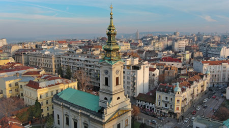 Aerial view of St. Michael Cathedral in Belgrade downtown, Serbian churchの写真素材