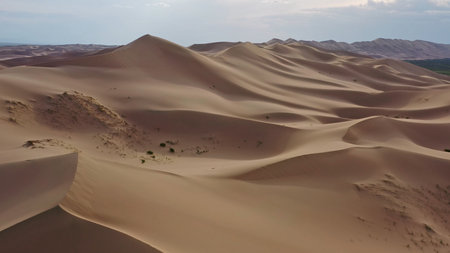 Aerial view of the sand dunes Hongoryn Els in Gobi Desert at sunset, Mongoliaの写真素材