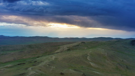 Aerial view of mountains landscape at sunset in Mongolia