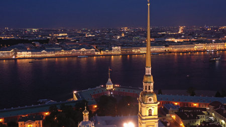 Aerial view of Peter and Paul Fortress with cityscape after sunset, Saint-Petersburg, Russiaの写真素材