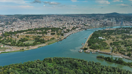 Aerial view of Belgrade city Serbia, Sava and Danube rivers at summer
