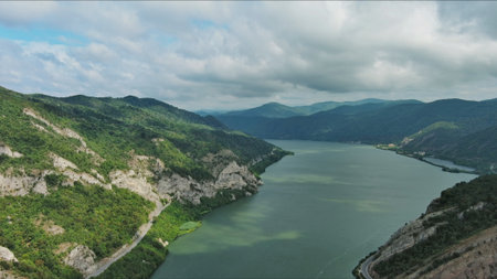 Aerial view on the Danube river and mountains in Djerdap National Park, Serbia Romania borderの写真素材