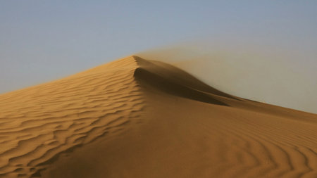 Sand blowing over large sand dunes in wind, Sahara desertの写真素材