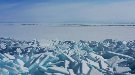 Aerial view of huge ridge of ice hummocks on Lake Baikal, Russiaの写真素材