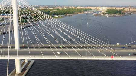 Aerial view of cable-stayed bridge with cars in St.Petersburg
