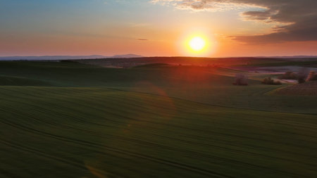 Aerial view of amazing wavy hills with agricultural fields at sunset. South Moravia region, Czech...