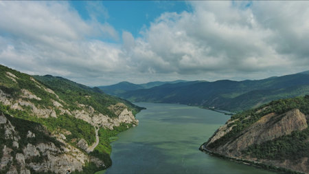 Aerial view on the Danube river and mountains in Djerdap National Park, Serbia Romania borderの写真素材