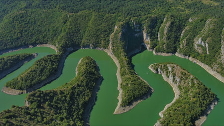 Aerial view of curved meanders in canyon of Uvac river, Serbiaの写真素材