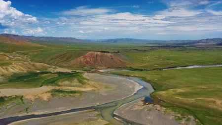 Aerial view of steppe and mountains landscape in Orkhon valley, Mongoliaの写真素材