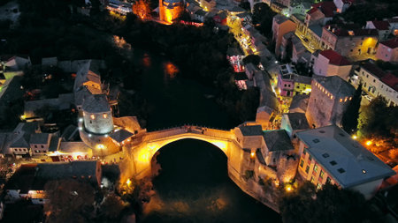 Aerial view on the Old Bridge in Mostar at night, Bosnia and Herzegovinaの写真素材
