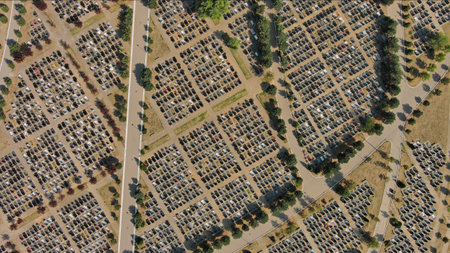 Aerial top view of densely packed cemetery graveyardの写真素材