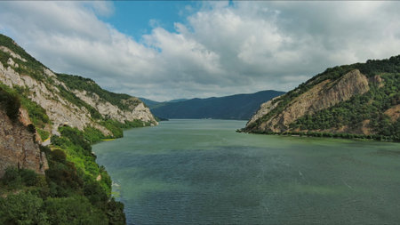 Aerial view on the Danube river and mountains in Djerdap National Park, Serbia Romania borderの写真素材