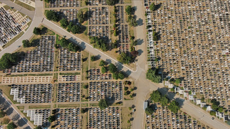 Aerial top view of densely packed cemetery graveyard