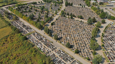 Aerial view of densely packed cemetery graveyardの写真素材