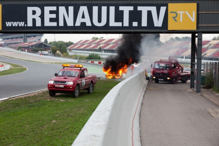 World Series by Renault Circuit de Catalunya  Barcelona-Spain  19 - 20 October 2013 Team  GRAVITY CHAROUZ Driver  Jakub KNOLL Burning car accidentのeditorial素材