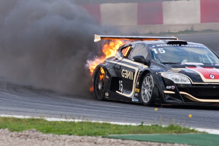World Series by Renault Circuit de Catalunya  Barcelona-Spain  19 - 20 October 2013 Team  GRAVITY CHAROUZ Driver  Jakub KNOLL Burning car accidentのeditorial素材
