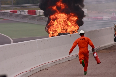 World Series by Renault Circuit de Catalunya  Barcelona-Spain  19 - 20 October 2013 Team  GRAVITY CHAROUZ Driver  Jakub KNOLL Burning car accidentのeditorial素材