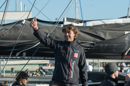 Team Neutrogena. Skipper Guillermo Altadill. Barcelona World Race, non-stop, round the world regatta. Barcelona, Spain. December 31, 2014のeditorial素材