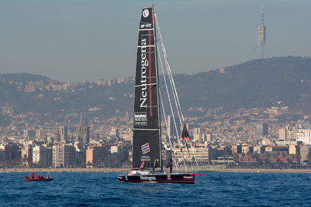 Team Neutrogena. Boat and Barcelona City Background. Barcelona World Race, non-stop, round the world regatta. Barcelona, Spain. December 31, 2014のeditorial素材