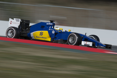 Driver Marcus Ericsson. Team Sauber F1. Formula One Test Days at Circuit de Catalunya. Montmelo, Spain. February 28, 2015のeditorial素材