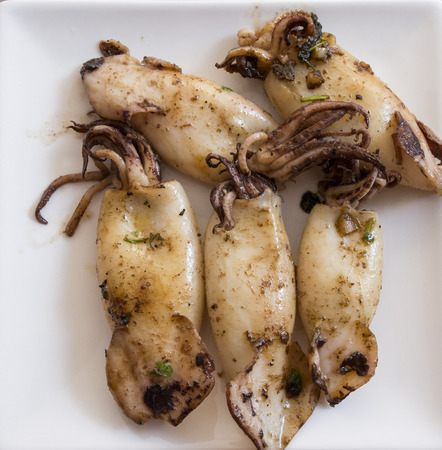 Squid with garlic and peregilの写真素材