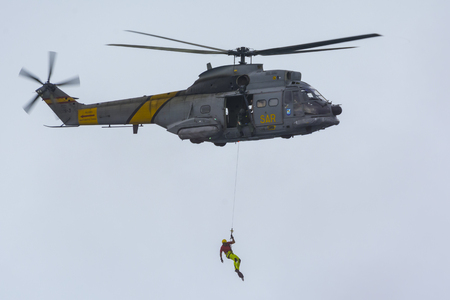 SAR helicopter.  Aerial exhibition aircraft. Mataro, Spain, September 19, 2015のeditorial素材