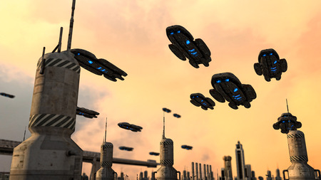 Futuristic city and shipsの写真素材