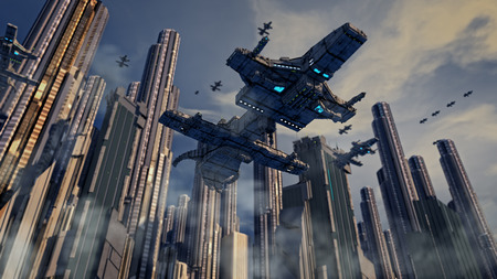Spaceship and cityの写真素材