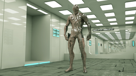 Futuristic corridor and alien figureの写真素材