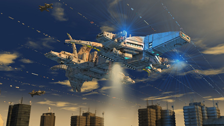 Spaceship UFO and cityの写真素材