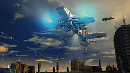 Spaceship UFO and cityの写真素材