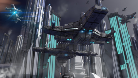 Spaceship UFO and futuristic cityの写真素材