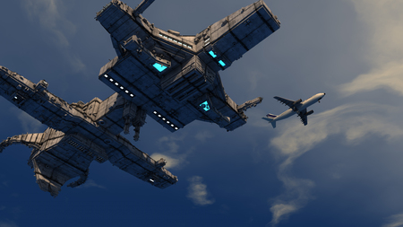 Spaceship UFO and white backgroundの写真素材