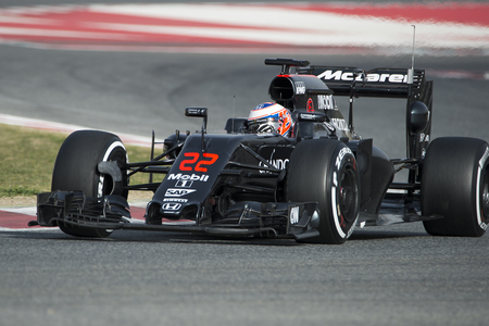 Driver Jenson Button.  Team Mclaren Honda. Formula One Test Days at Circuit de Catalunya. Montmelo, Spain. February 22, 2016のeditorial素材
