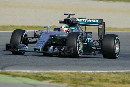 Driver Lewis Hamilton.  Team Mercedes AMG Petronas. Formula One Test Days at Circuit de Catalunya. Montmelo, Spain. February 22, 2016のeditorial素材