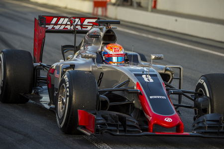 Driver Romain Grosjean. Haas F1 team. Formula One Test Days at Circuit de Catalunya. Montmelo, Spain. February 22, 2016のeditorial素材