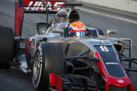 Driver Romain Grosjean. Haas F1 team. Formula One Test Days at Circuit de Catalunya. Montmelo, Spain. February 22, 2016のeditorial素材