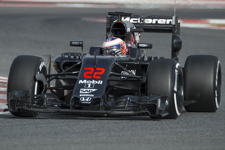 Driver Jenson Button.  Team Mclaren Honda. Formula One Test Days at Circuit de Catalunya. Montmelo, Spain. February 22, 2016のeditorial素材
