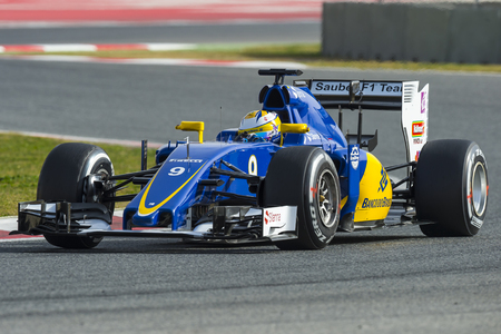 Driver Marcus Ericsson.  Team Sauber F1. Formula One Test Days at Circuit de Catalunya. Montmelo, Spain. February 23, 2016のeditorial素材