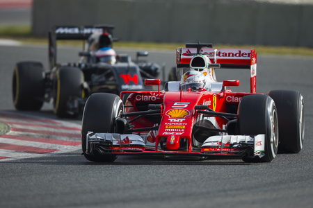 Driver Sebastian Vettel.  Team Ferrari. Formula One Test Days at Circuit de Catalunya. Montmelo, Spain. February 23, 2016のeditorial素材