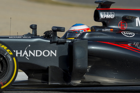 Driver Fernando Alonso.  Team McLaren. Formula One Test Days at Circuit de Catalunya. Montmelo, Spain. February 23, 2016のeditorial素材