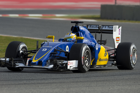 Driver Marcus Ericsson.  Team Sauber F1. Formula One Test Days at Circuit de Catalunya. Montmelo, Spain. February 23, 2016のeditorial素材