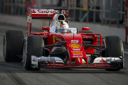 Driver Sebastian Vettel.  Team Ferrari. Formula One Test Days at Circuit de Catalunya. Montmelo, Spain. February 23, 2016のeditorial素材
