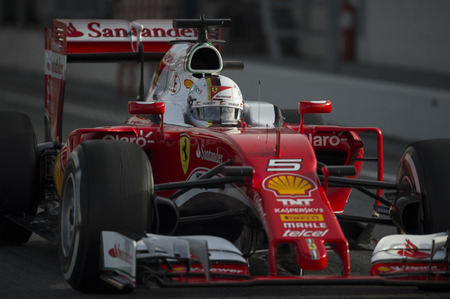 Driver Sebastian Vettel.  Team Ferrari. Formula One Test Days at Circuit de Catalunya. Montmelo, Spain. February 23, 2016のeditorial素材