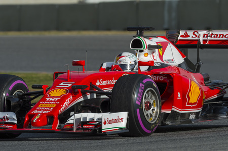Driver Sebastian Vettel.  Team Ferrari. Formula One Test Days at Circuit de Catalunya. Montmelo, Spain. February 23, 2016のeditorial素材