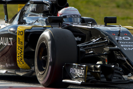Driver Kevin Magnussen.  Team Renault Sport. Formula One Test Days at Circuit de Catalunya. Montmelo, Spain. February 25, 2016のeditorial素材