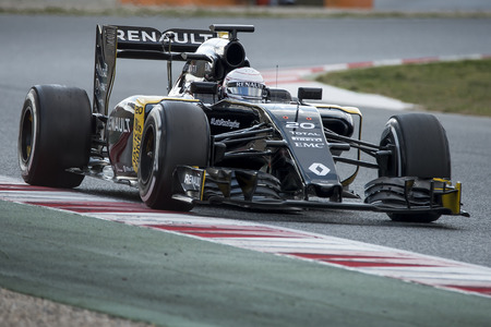 Driver Kevin Magnussen.  Team Renault Sport. Formula One Test Days at Circuit de Catalunya. Montmelo, Spain. February 25, 2016のeditorial素材